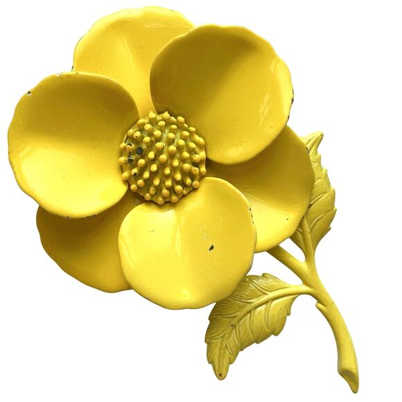 VTG 1960s Brooch Mod Yellow Enameled Metal Flower Power Pin Mid Century Style - Picture 1 of 11